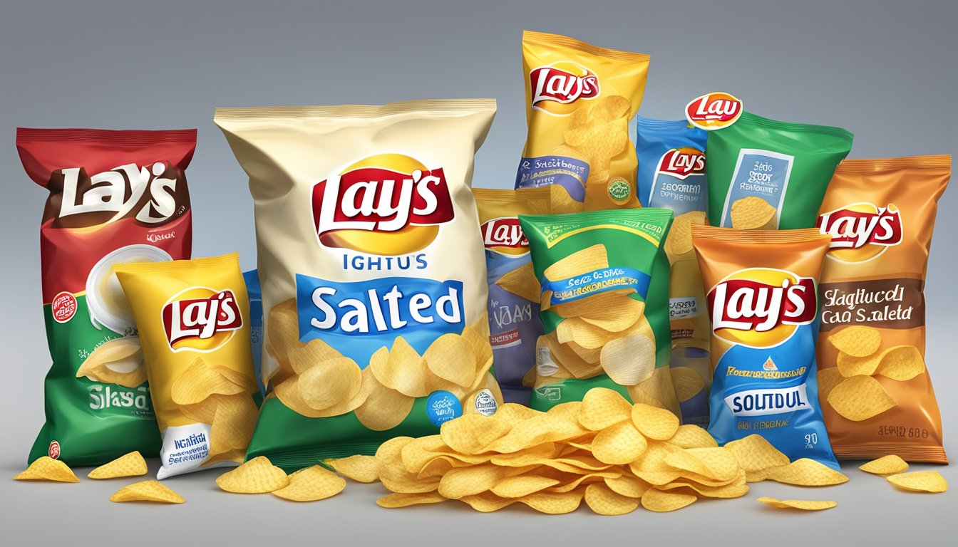 A bag of Lay's Lightly Salted Potato Chips surrounded by other high-sodium foods, with a "Reduced Sodium" label prominently displayed