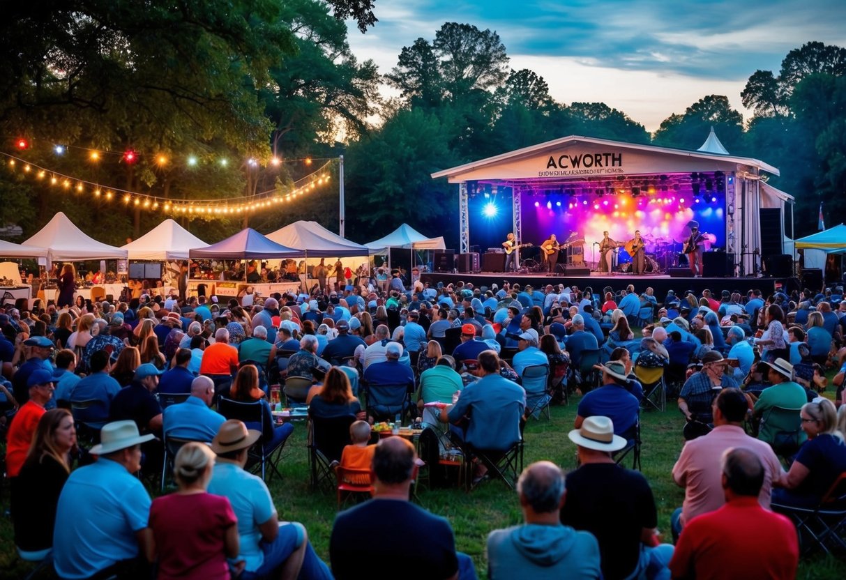 Crowd gathered in a park, stage with musicians, colorful lights, food vendors, and families enjoying live music at the Acworth Concert Series in GA