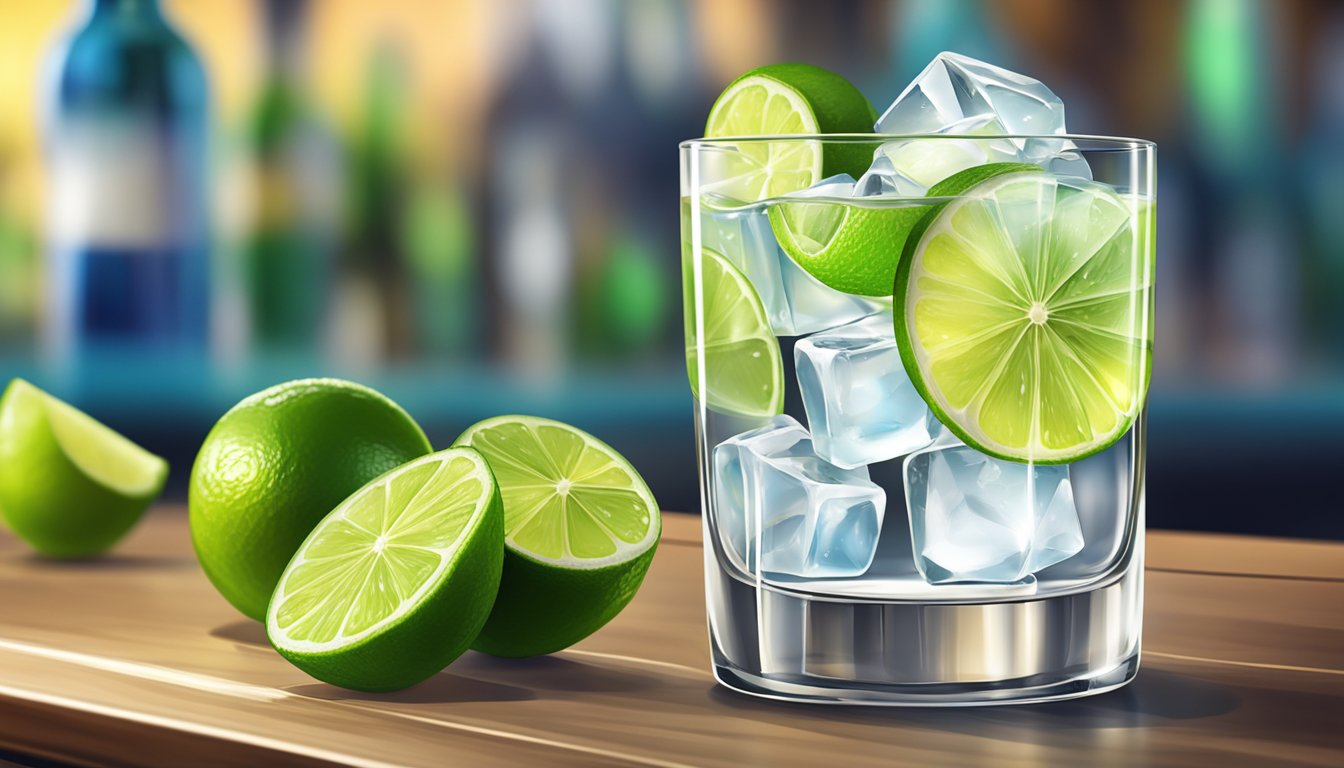 A tall glass filled with clear liquid, ice cubes, and a slice of lime, sitting on a bar counter