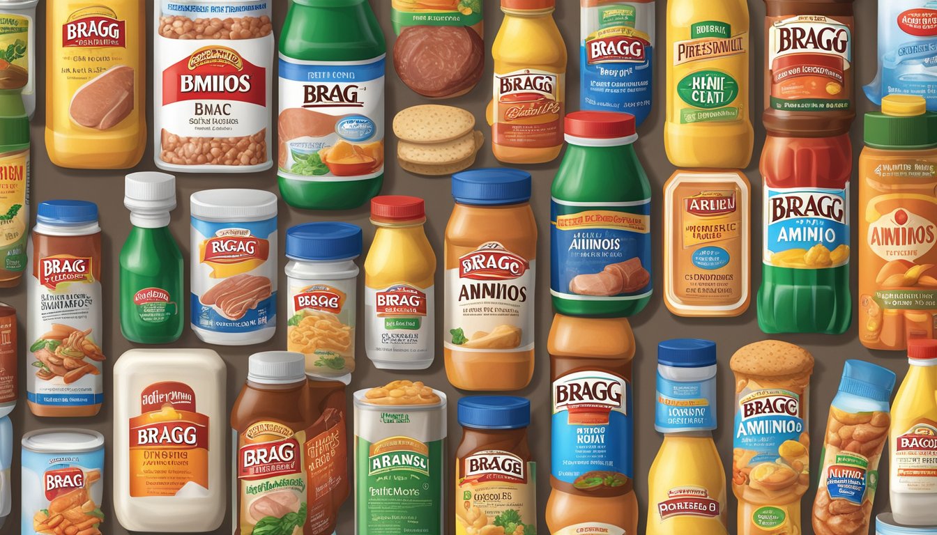 A bottle of Bragg Liquid Aminos surrounded by various high-sodium foods, such as processed meats, canned soups, and salty snacks