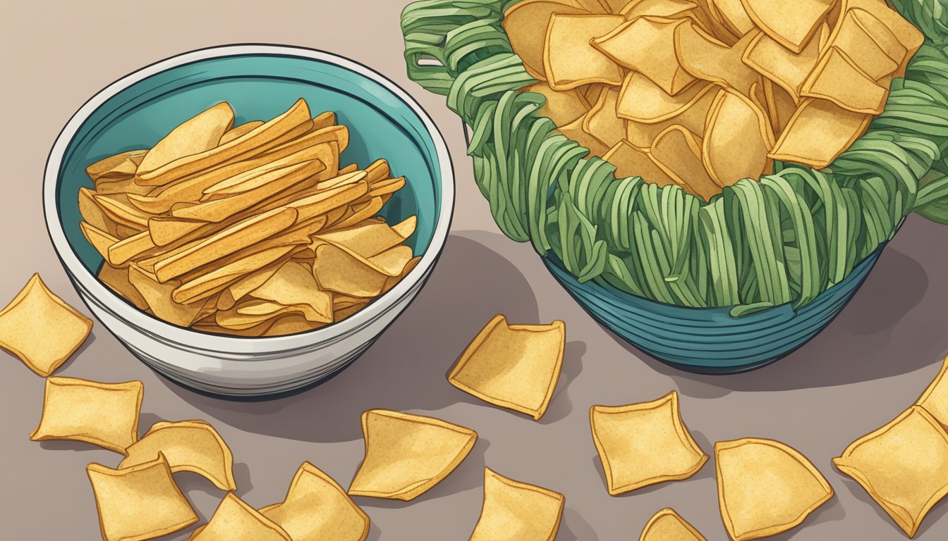 A bowl of Sensible Portions Garden Veggie Straws sits next to a pile of regular potato chips, both equally tempting