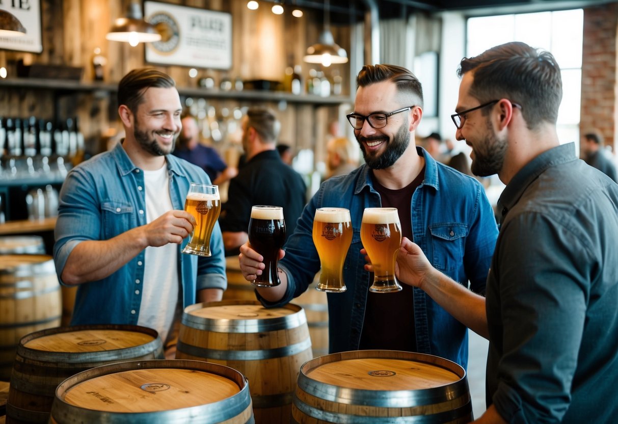 A rustic brewhouse with patrons sampling craft beers amid wooden barrels and industrial decor