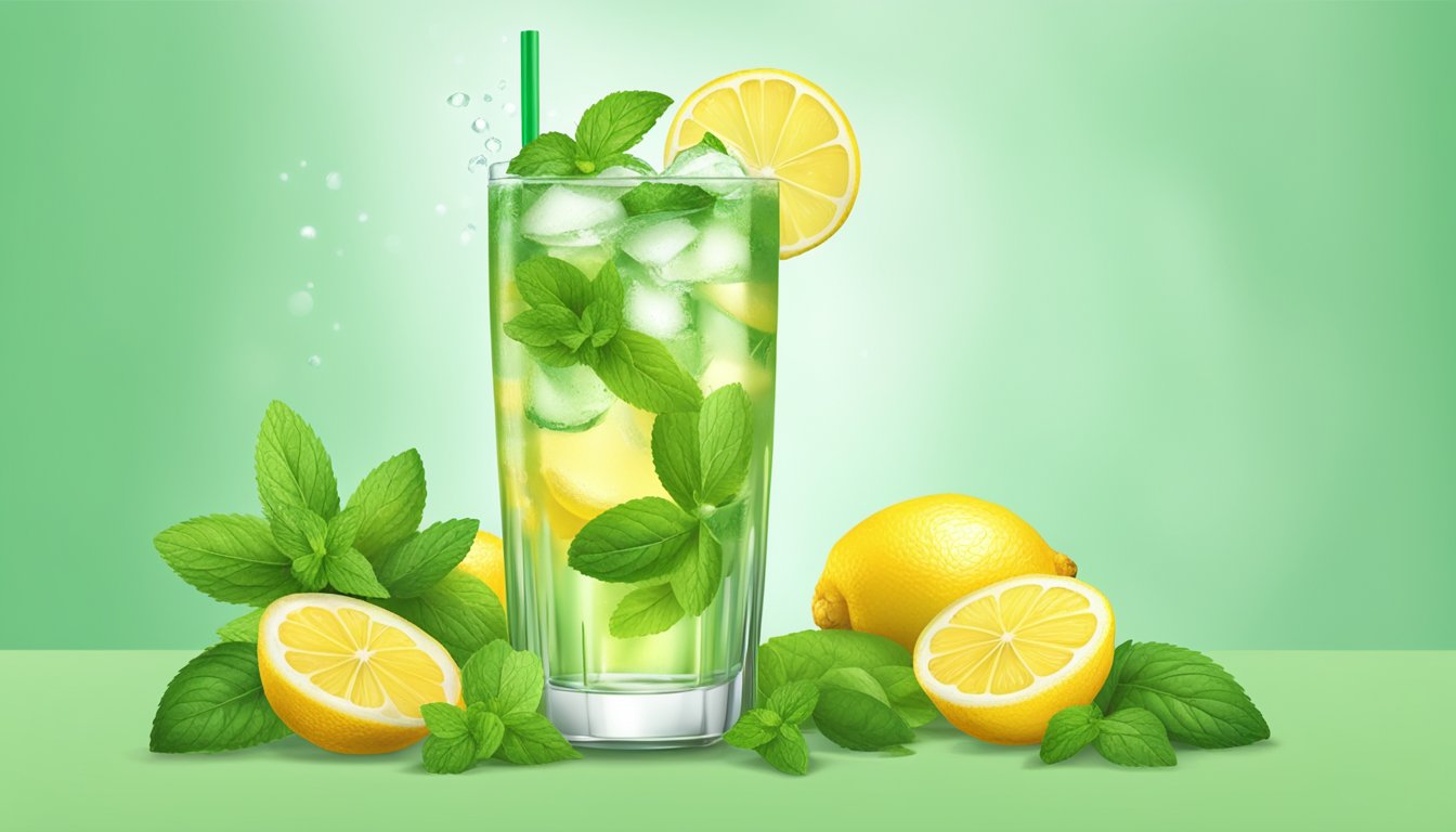 A refreshing lemon-lime mojito with stevia, garnished with mint and served in a tall glass with ice, surrounded by fresh citrus fruits and a sprig of mint