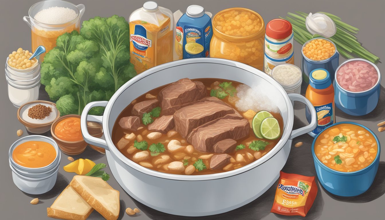 A steaming pot of Progresso Reduced Sodium Beef Flavored Broth surrounded by various high-sodium foods