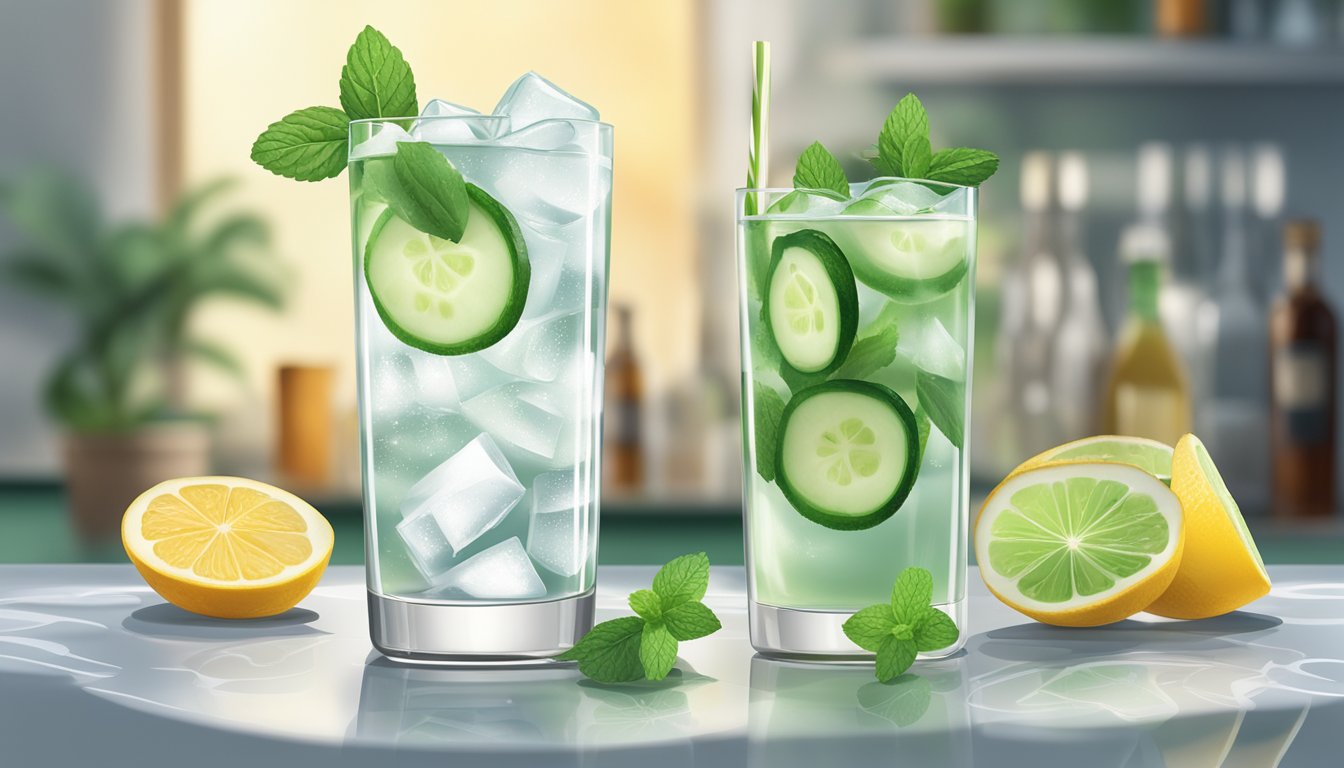 A tall, frosty glass filled with a clear liquid and garnished with a slice of cucumber and a sprig of mint, with a bottle of gin and other cocktail ingredients in the background