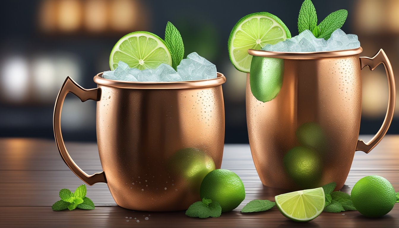 A tall, frosty Moscow Mule sits on a bar counter, condensation glistening on the copper mug. A slice of lime rests on the rim, and a sprig of mint floats on the surface