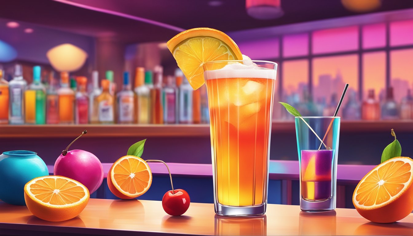 A glass of Tequila Sunrise with reduced sugar, garnished with a slice of orange and a maraschino cherry, sits on a bar counter with a colorful backdrop of cocktail ingredients and a shaker