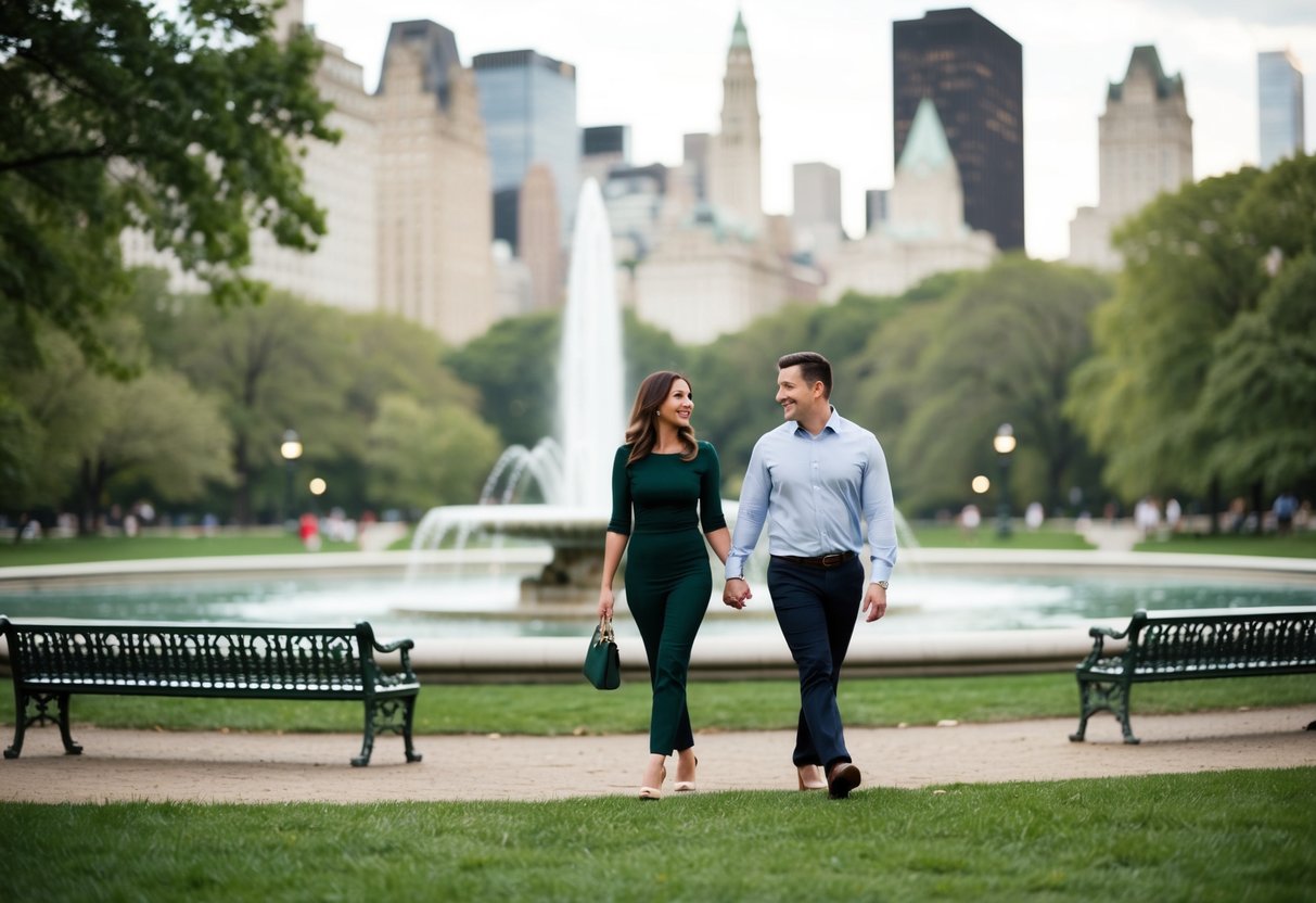 A couple strolling through Central Park, passing by the iconic Bethesda Terrace and Fountain, with the city skyline in the background