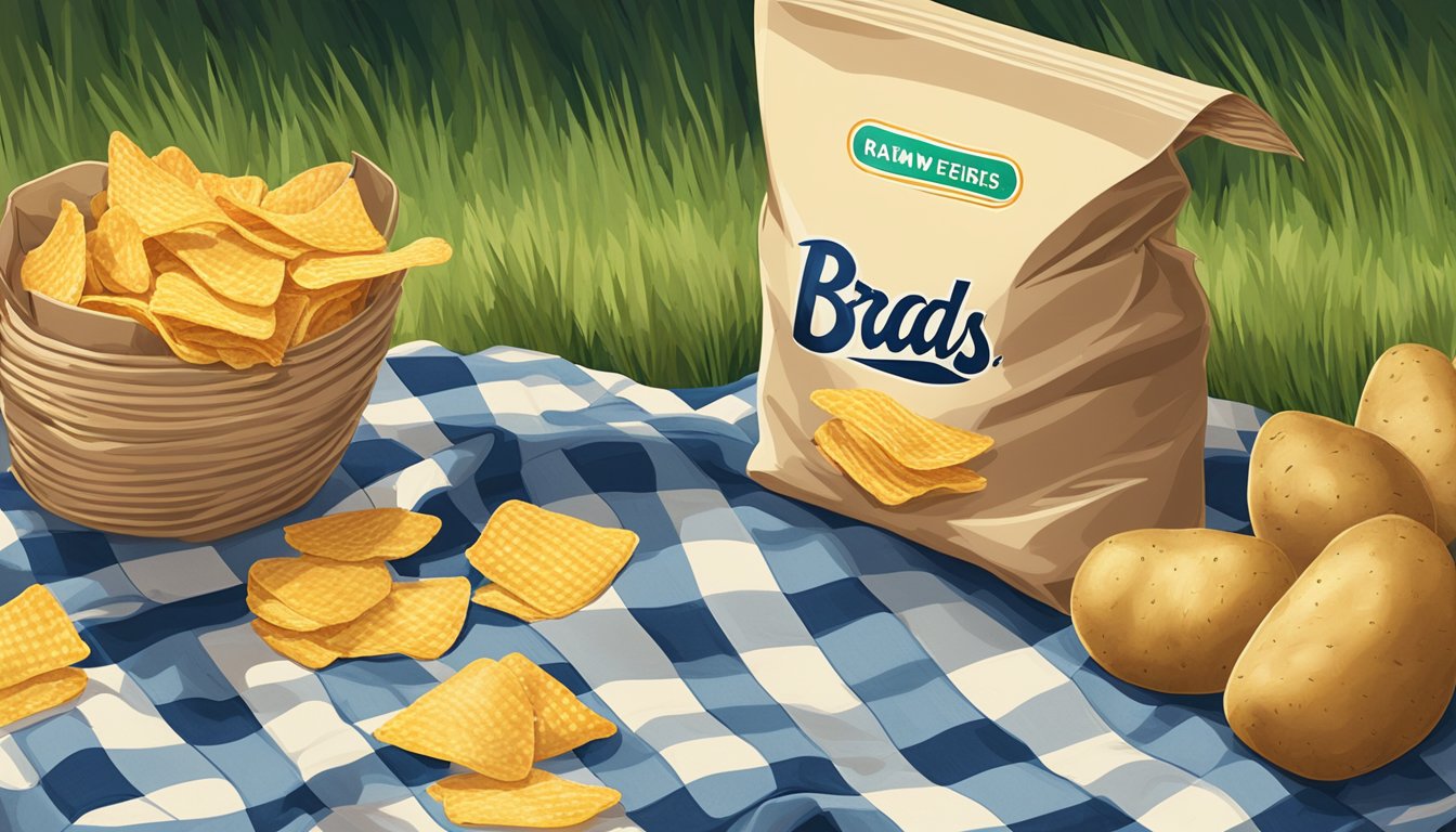 A bag of Brad's Raw Veggie Chips spilled out next to a pile of regular potato chips, both scattered on a checkered picnic blanket