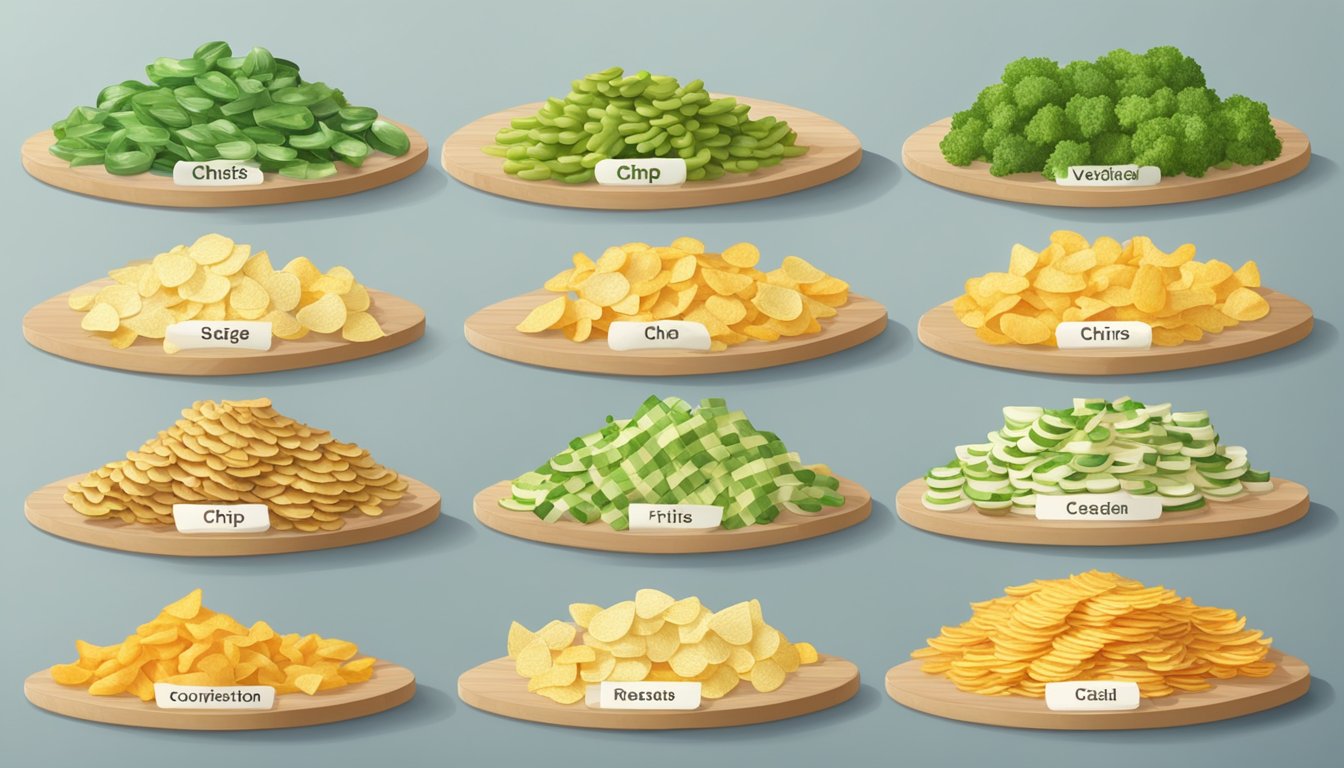 A table with a variety of veggie and regular chips arranged in rows for comparison, with nutritional information displayed next to each type of chip