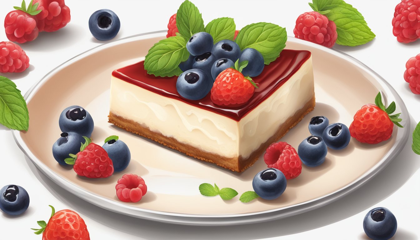 A decadent cheesecake surrounded by fresh berries and drizzled with a sweet, stevia-infused sauce