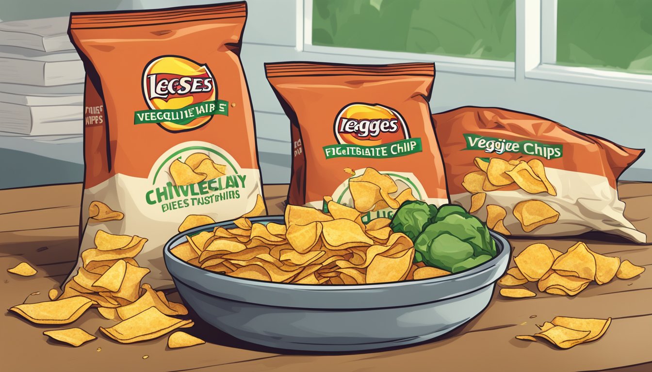 A bag of "veggie" chips next to a bag of regular chips, both spilling out onto a table, with the vegetables on the veggie chips looking wilted and unappealing