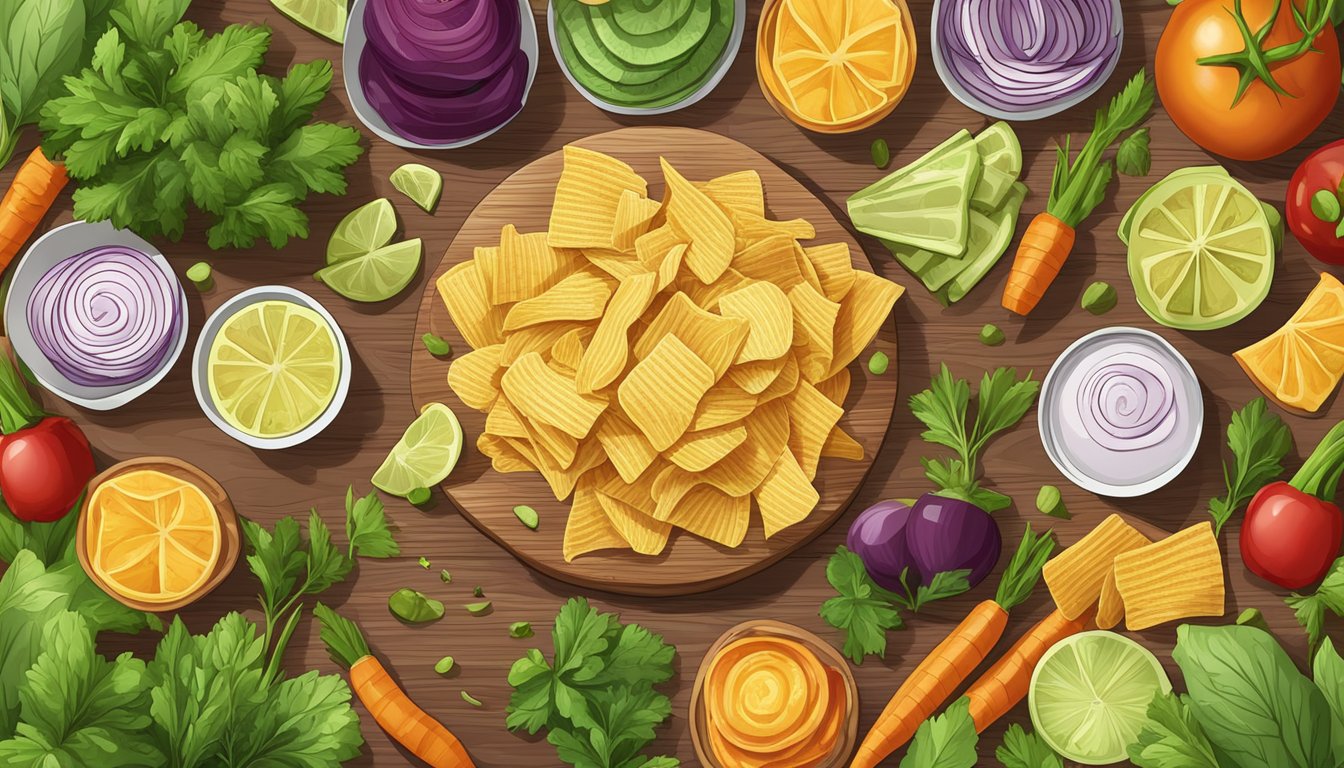 A variety of colorful veggie chips and regular chips arranged on a wooden cutting board, surrounded by fresh vegetables and herbs