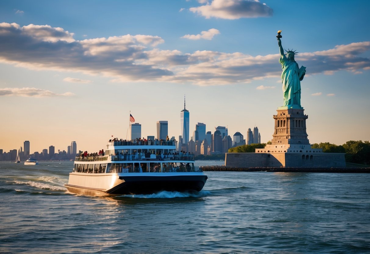 The Statue of Liberty ferry approaches the iconic monument, with the New York City skyline in the background, as tourists enjoy various date activities on board