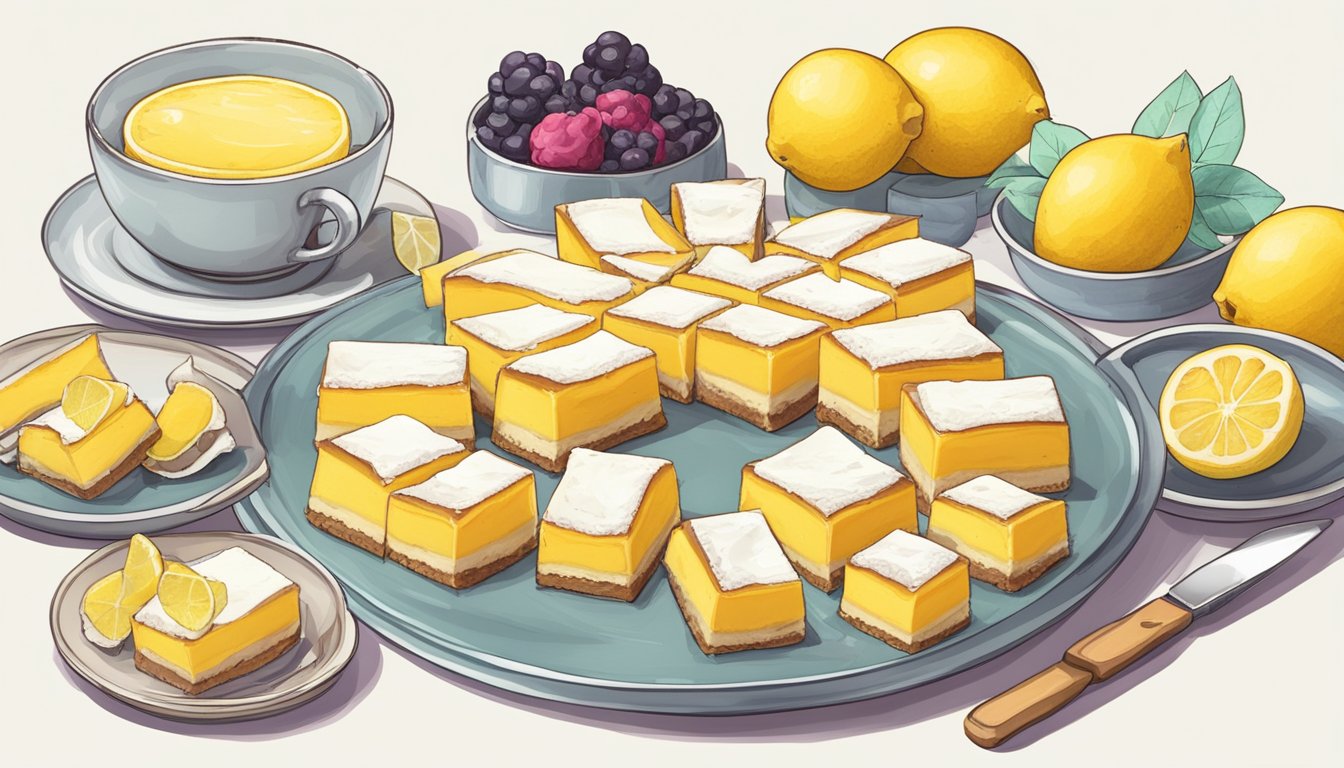 A table set with a platter of keto lemon bars surrounded by various guilt-free dessert options