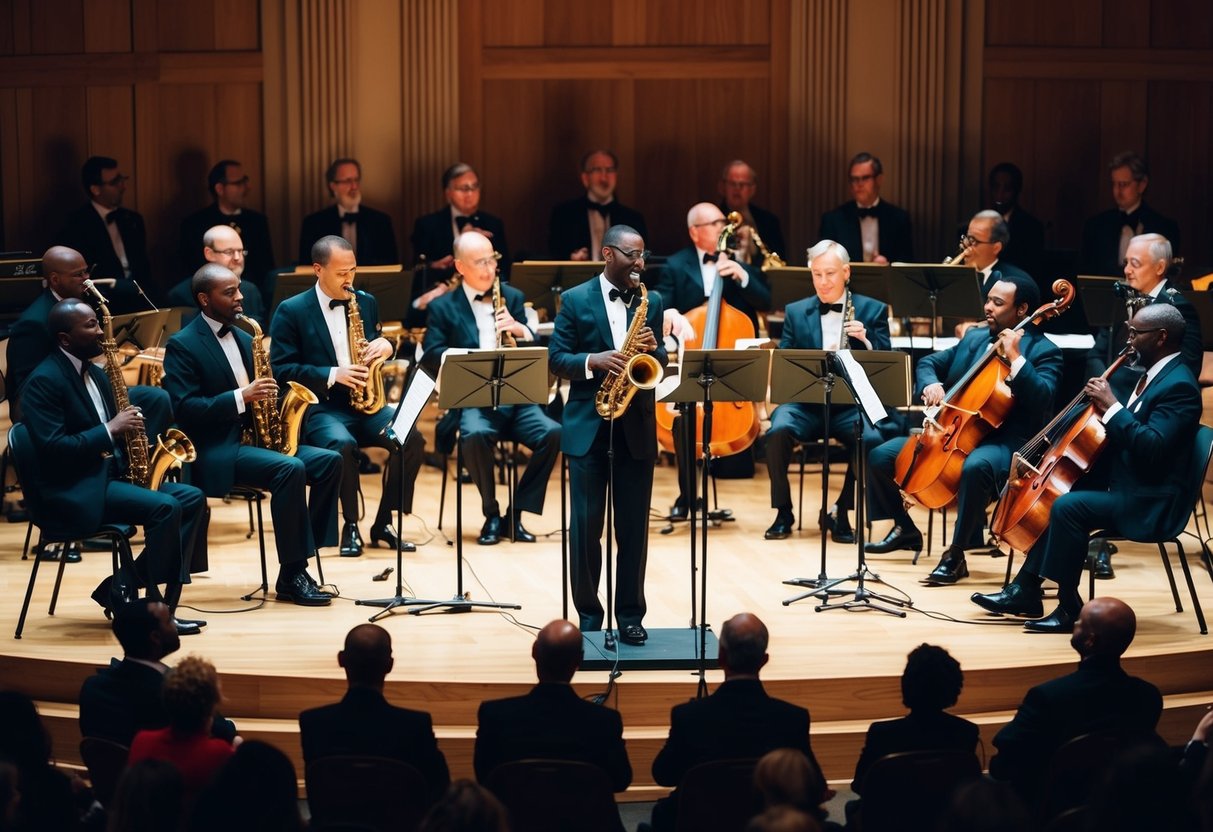 A lively jazz band performs on stage at the Lincoln Center, surrounded by a sophisticated audience enjoying the music and ambiance