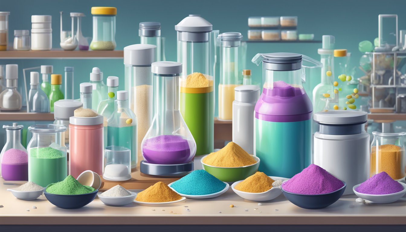 A chaotic laboratory with various protein powder containers, surrounded by questionable ingredients and chemical equipment