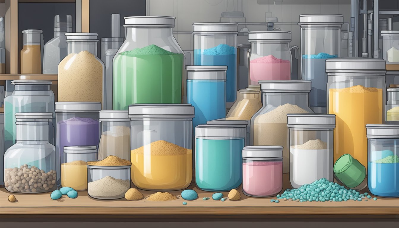 A cluttered laboratory with various protein powder containers, some labeled "questionable ingredients."