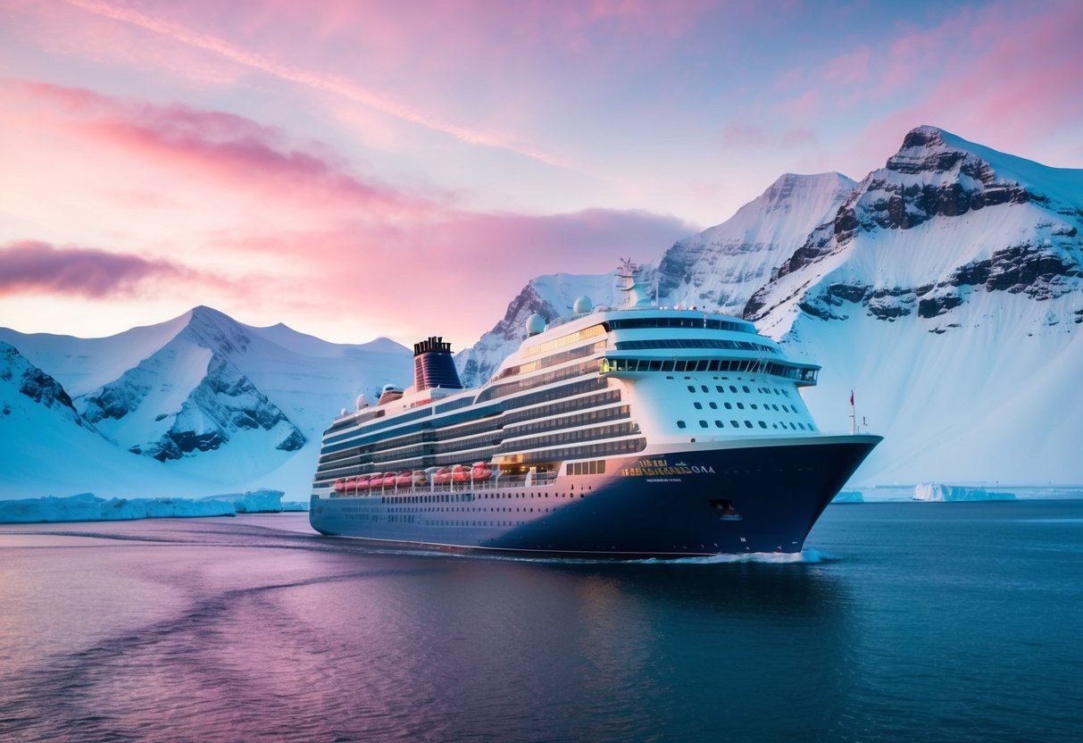 A cruise ship glides through icy waters, framed by snow-capped mountains and a pink-hued sunset