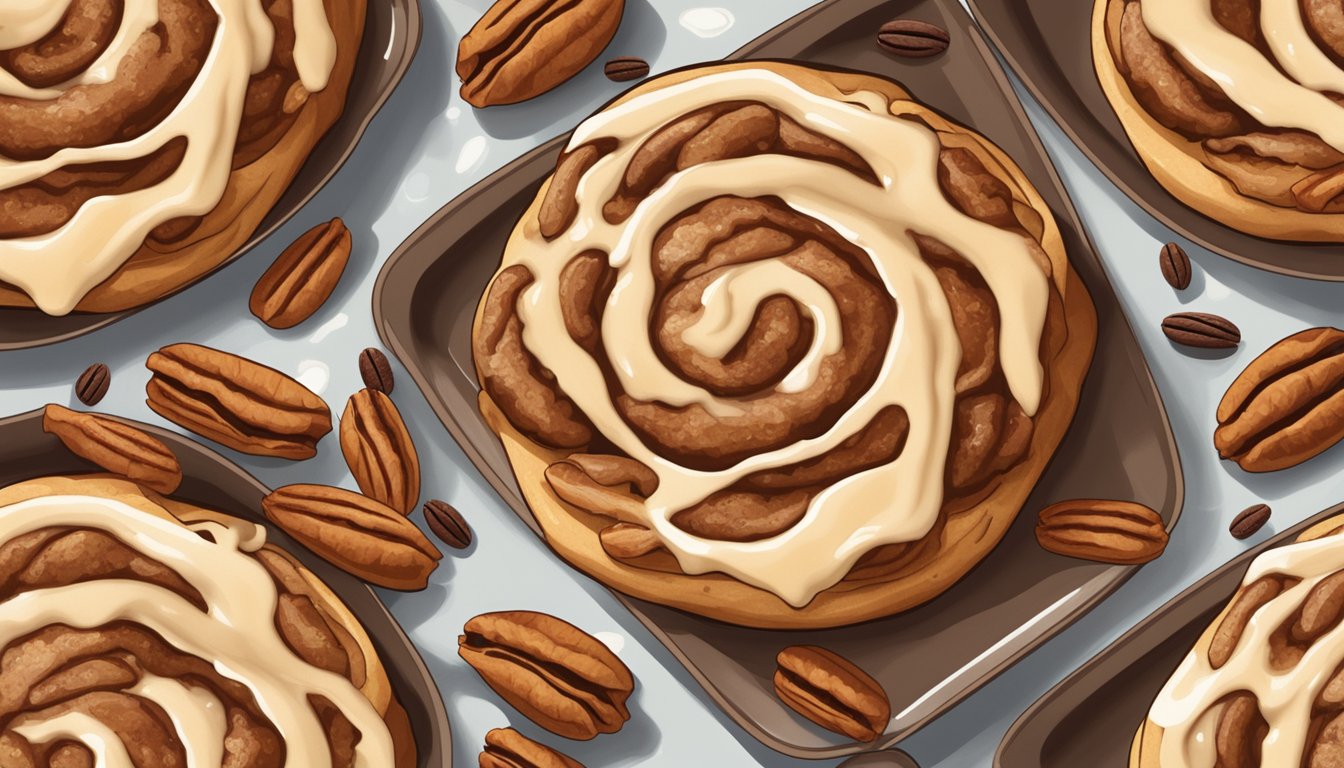 A tray of freshly baked maple-pecan cinnamon rolls, surrounded by scattered pecans and a drizzle of glaze