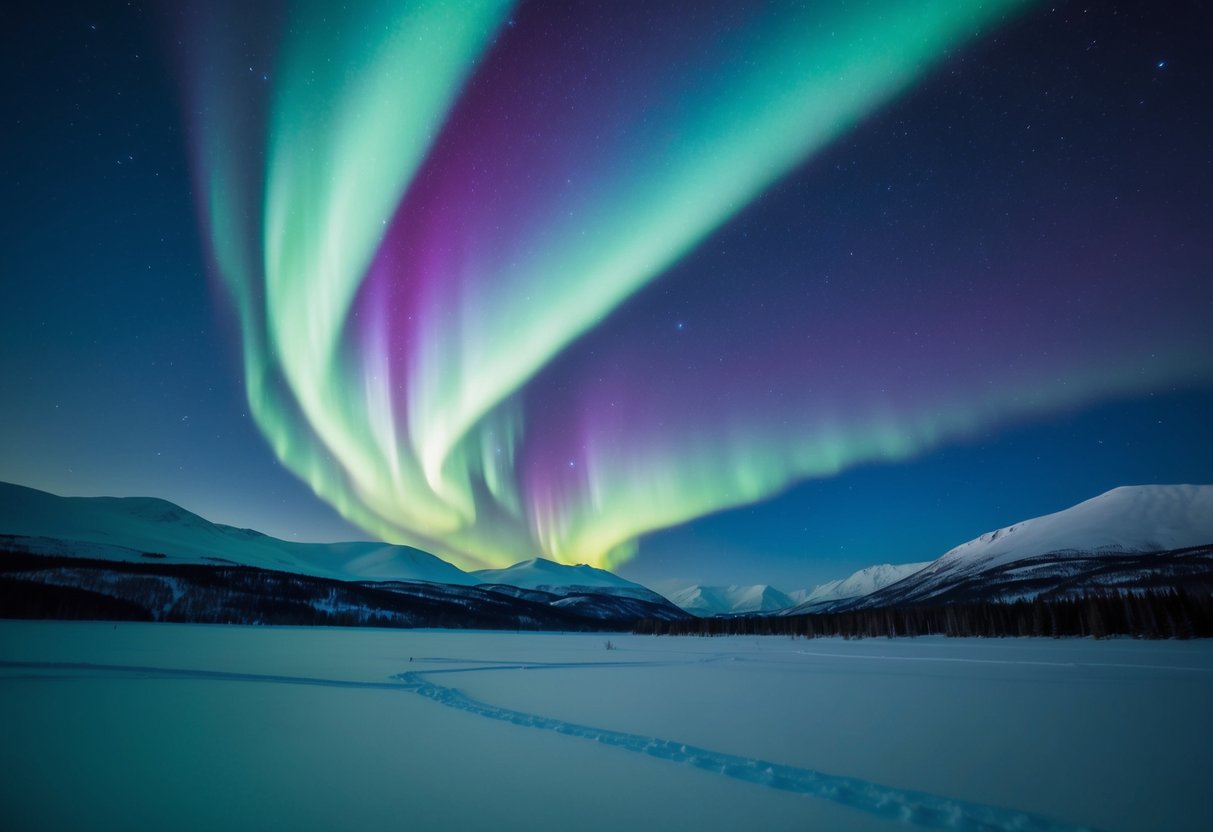 The colorful streaks of the Northern Lights dance across the dark Alaskan sky, casting an ethereal glow over the snow-covered landscape