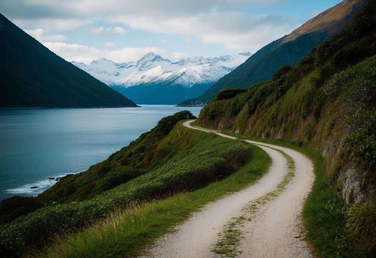 A winding coastal trail with lush greenery and snow-capped mountains in the distance
