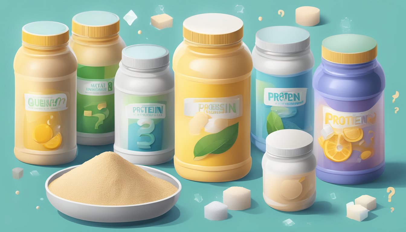 A variety of protein powder containers surrounded by question marks and suspicious-looking ingredients