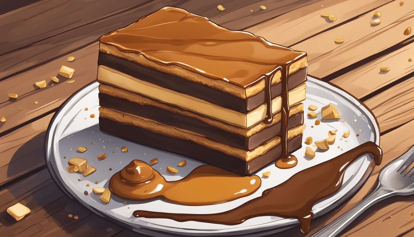 A decadent caramel slice sits on a rustic wooden table, surrounded by scattered crumbs and a drizzle of caramel sauce