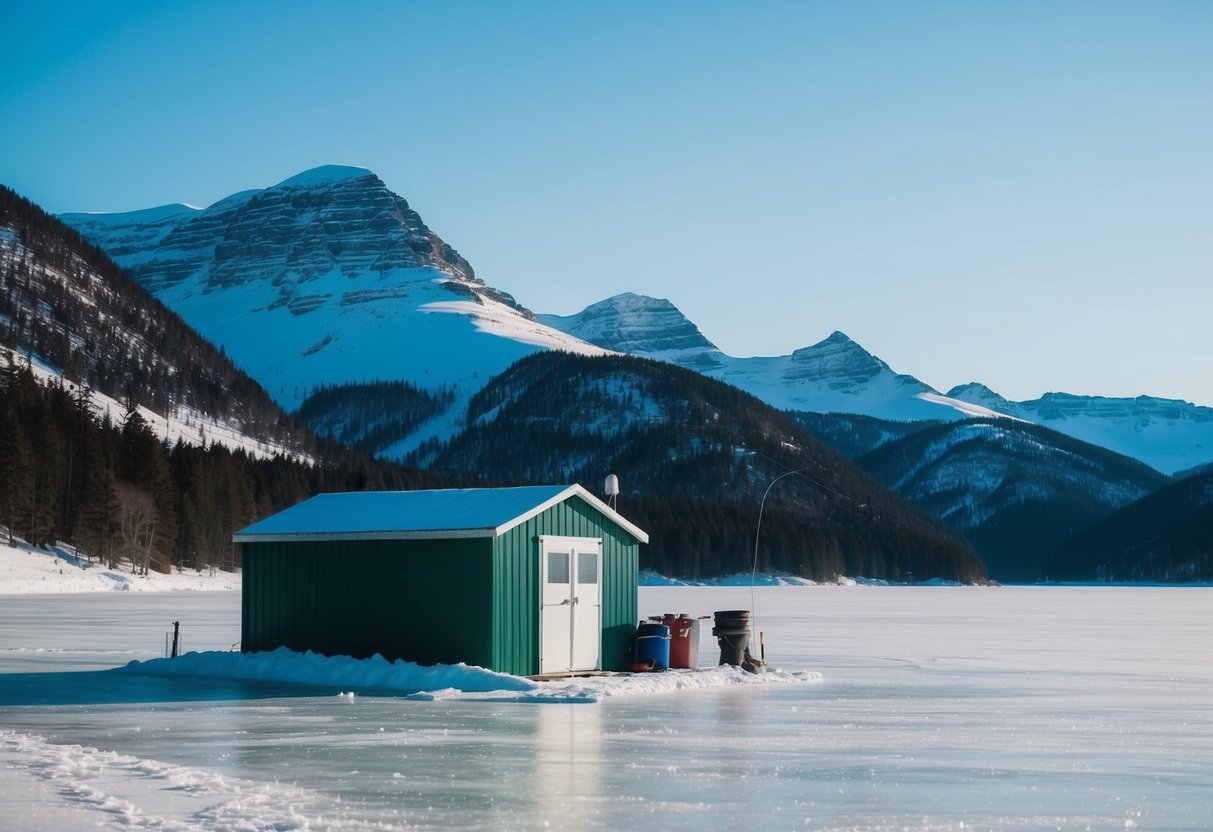 A cozy ice fishing shack on the frozen surface of Big Lake, surrounded by snow-covered mountains under a clear blue sky