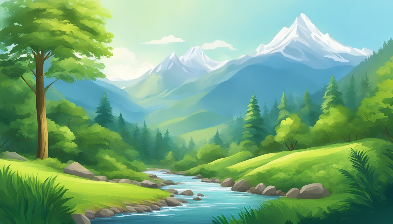 A serene, lush forest with vibrant greenery and a clear, flowing stream, surrounded by towering mountains and a bright blue sky