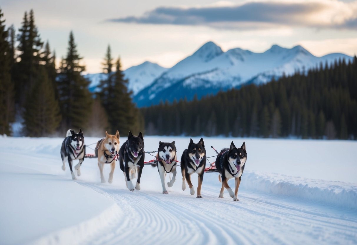 A team of dogs pulls a sled through snowy Alaskan wilderness, with mountains and pine trees in the background