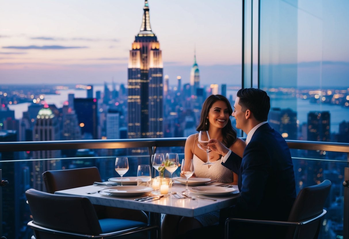 A couple enjoys a romantic dinner with a view of the city lights from the Empire State Building observation deck