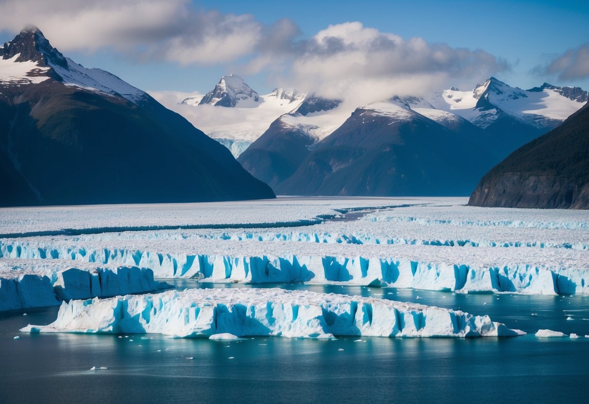 A vast expanse of icy blue glaciers stretching across the rugged landscape of Prince William Sound, with towering mountains in the background