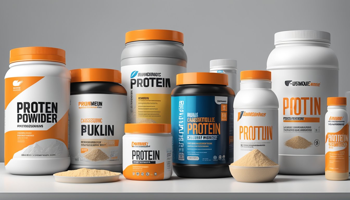 A collection of protein powder containers with questionable ingredients scattered on a table, with BulkSupplements Casein Protein Powder prominently displayed