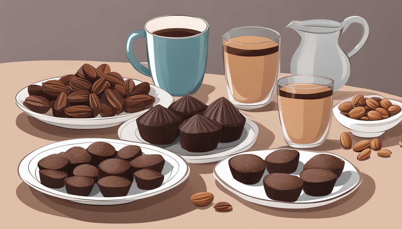 A table with a plate of date-sweetened chocolate cups surrounded by scattered ingredients like dates, cocoa powder, and nuts