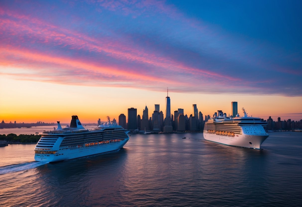 A vibrant sunset over the NYC harbor, with a cruise ship sailing past iconic landmarks and the city skyline in the background