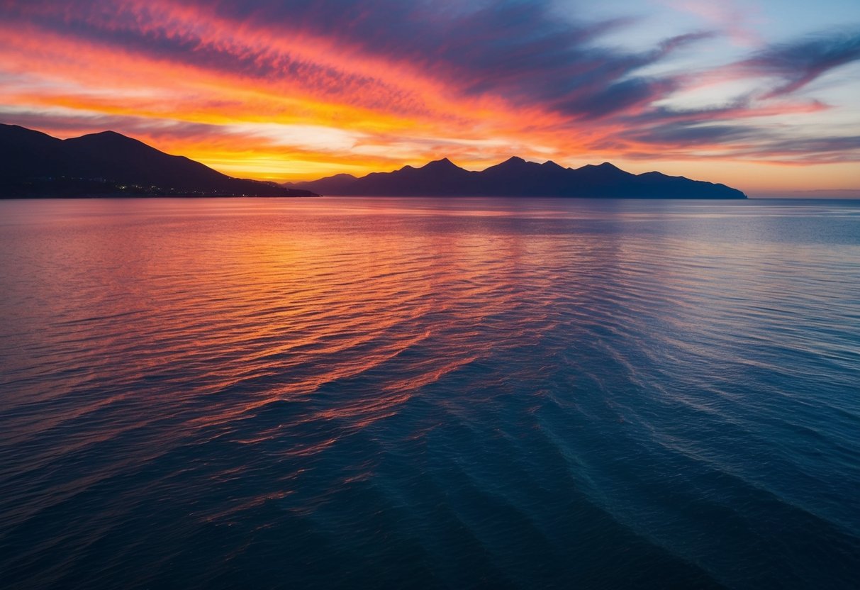 Vibrant sunset over the ocean at Point Woronzof, with silhouetted mountains and a colorful sky reflected in the water