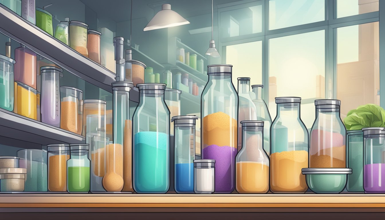 A laboratory setting with various protein powder containers, some with questionable ingredients, and scientific equipment