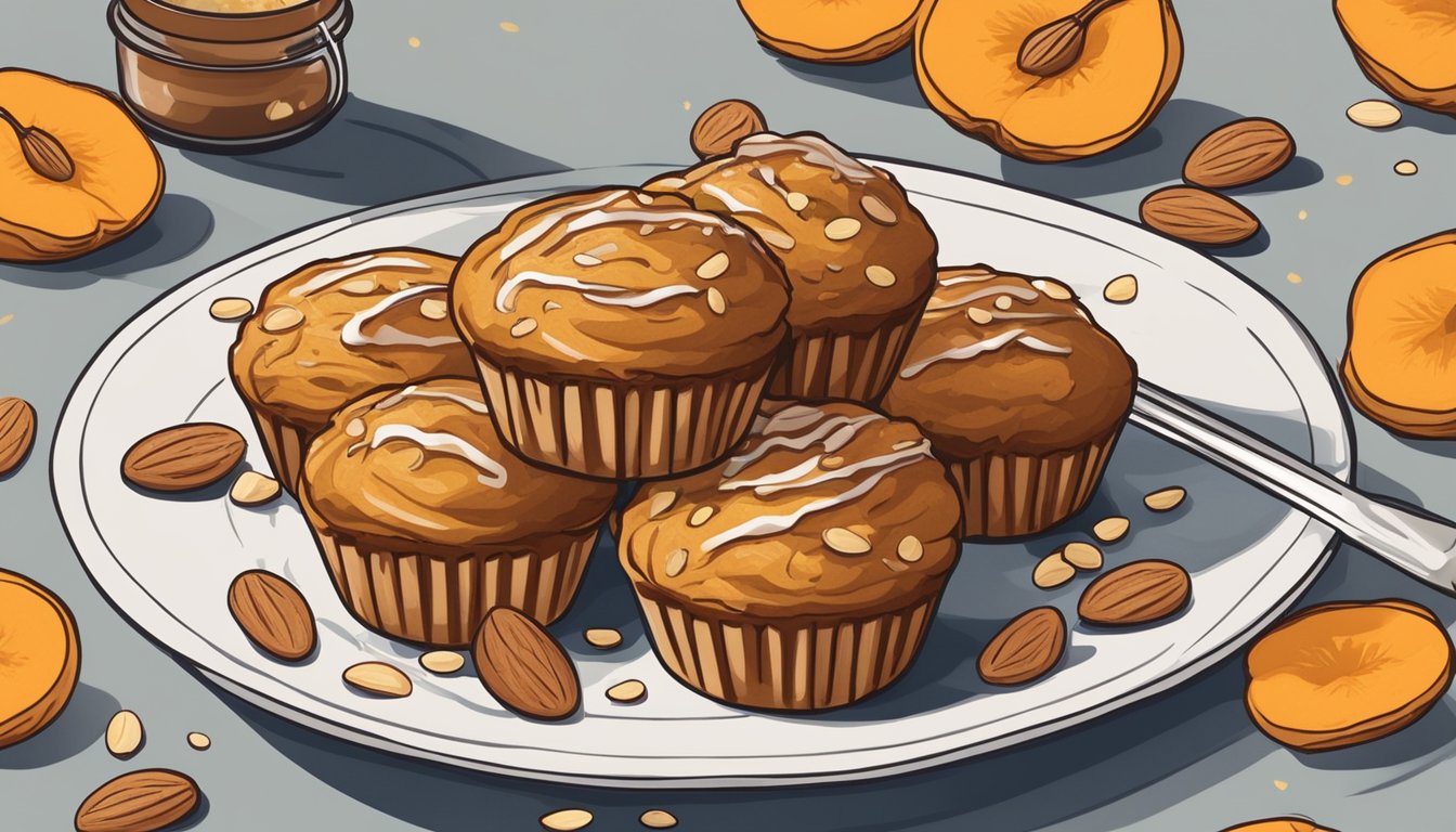 A plate of pumpkin almond butter muffins surrounded by scattered almond slices and a drizzle of honey, with a guilt-free dessert article in the background