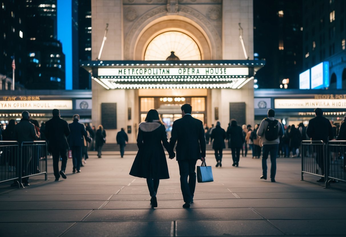 A couple walks hand-in-hand towards the illuminated entrance of the Metropolitan Opera House in New York City, surrounded by the bustling energy of the city at night