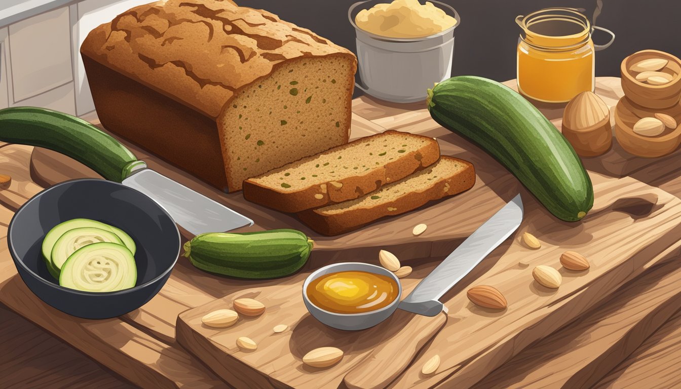 A rustic kitchen scene with a freshly baked loaf of paleo zucchini bread cooling on a wooden cutting board, surrounded by ingredients like zucchinis, almond flour, and honey