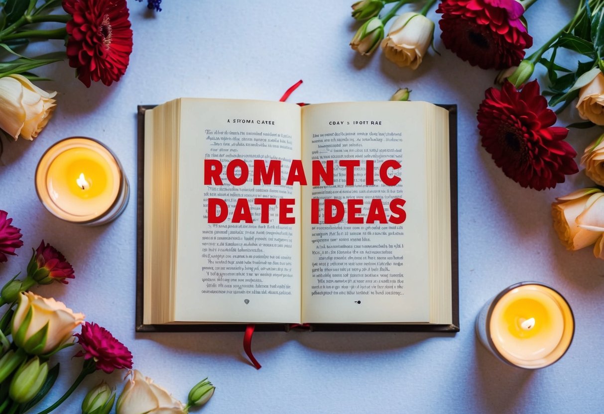 An open book with romantic date ideas, surrounded by flowers and candles