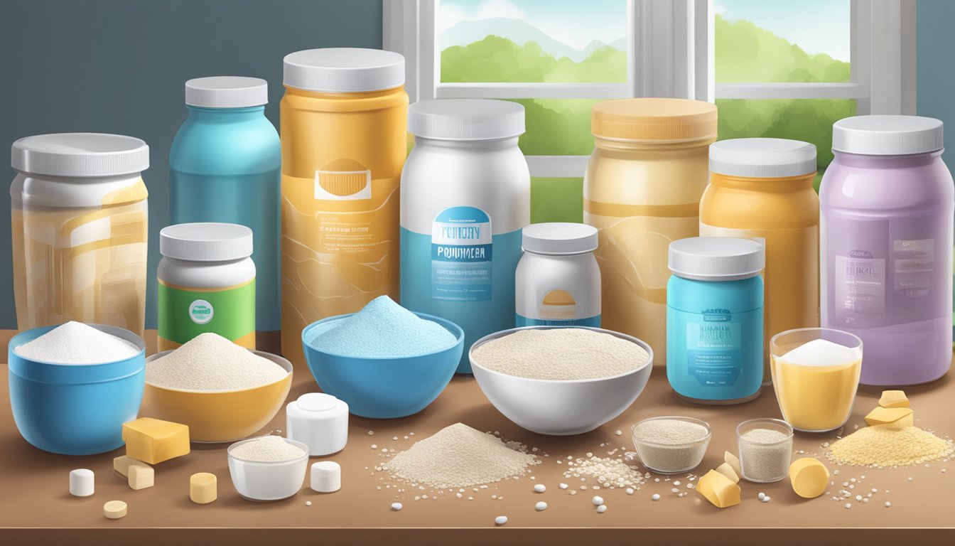 A table filled with various protein powder containers, surrounded by scattered ingredients like artificial sweeteners, fillers, and preservatives