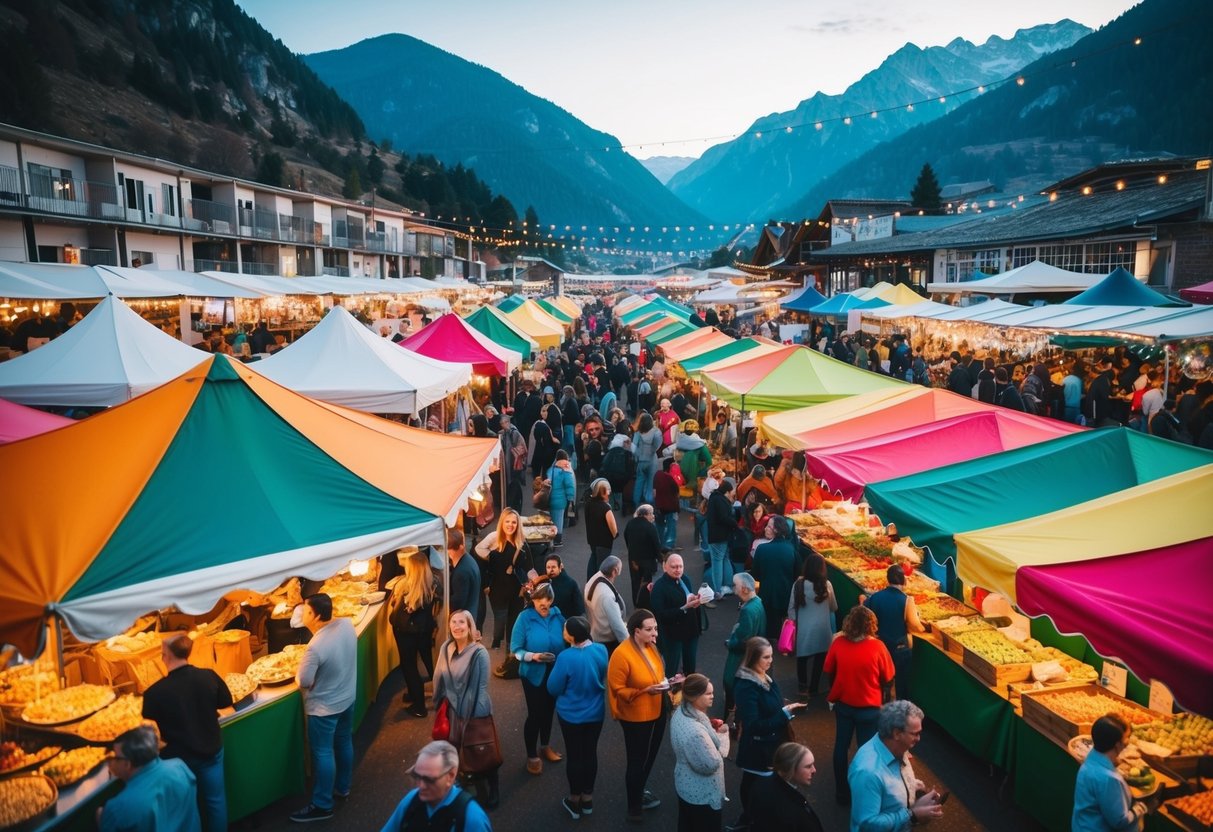 A bustling outdoor market with colorful tents and food stalls, surrounded by mountains and filled with people browsing and enjoying live music