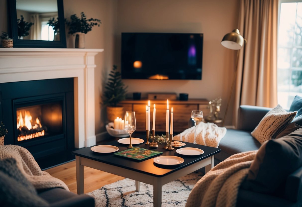 A cozy living room with a crackling fireplace, soft blankets, and a table set for two with a candlelit dinner and a board game