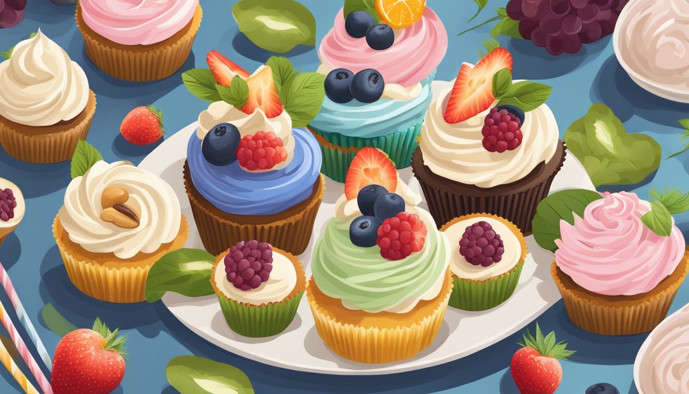 A platter of colorful cupcakes topped with cashew cream frosting, surrounded by fresh fruit and decorative garnishes