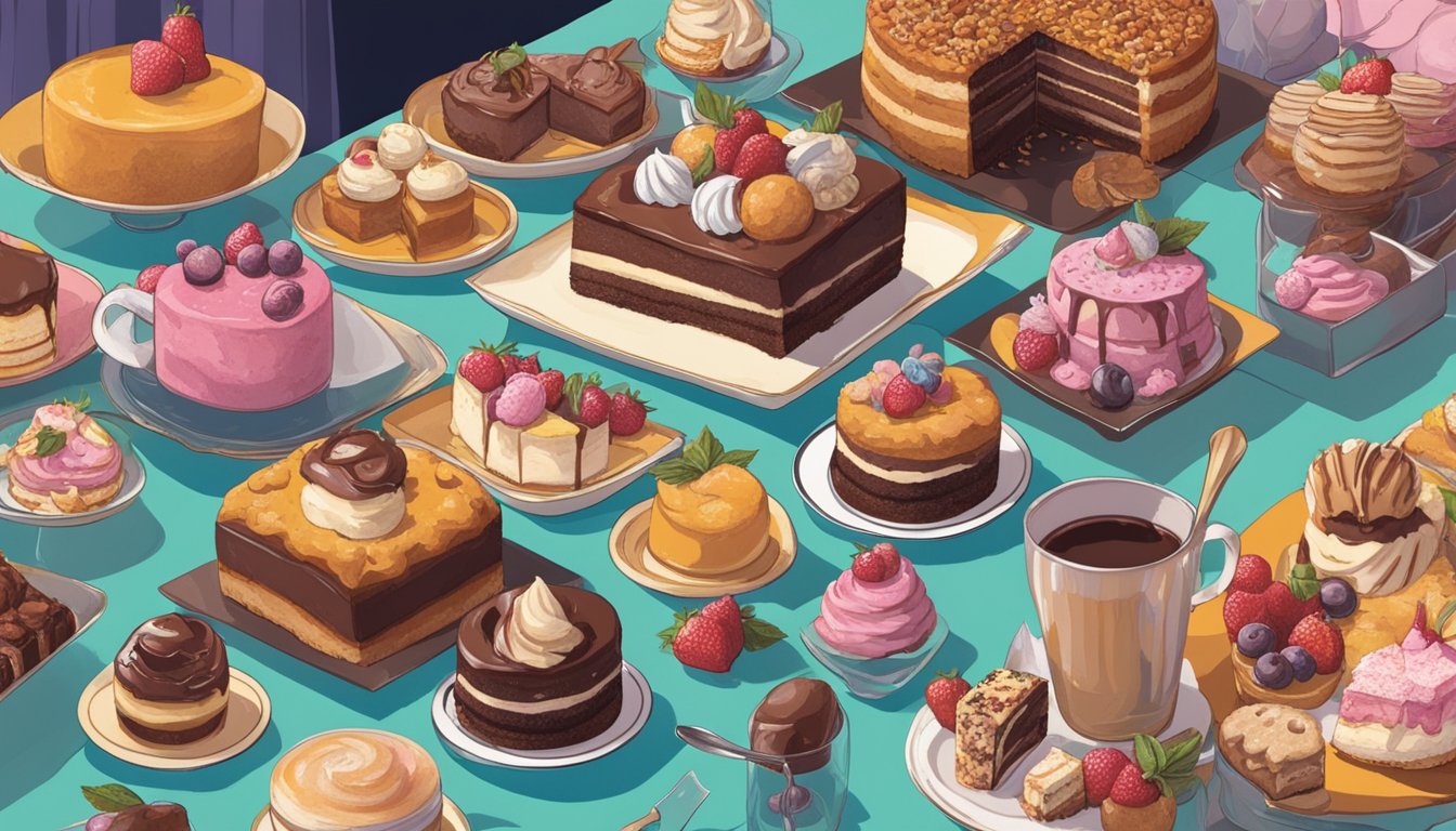 A table filled with decadent desserts, surrounded by guilt-ridden individuals sneaking bites