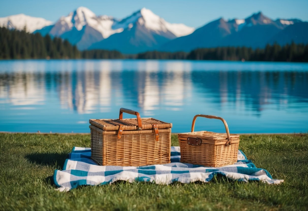A serene picnic scene at Earthquake Park in Anchorage, Alaska with a blanket, picnic basket, and beautiful mountain backdrop
