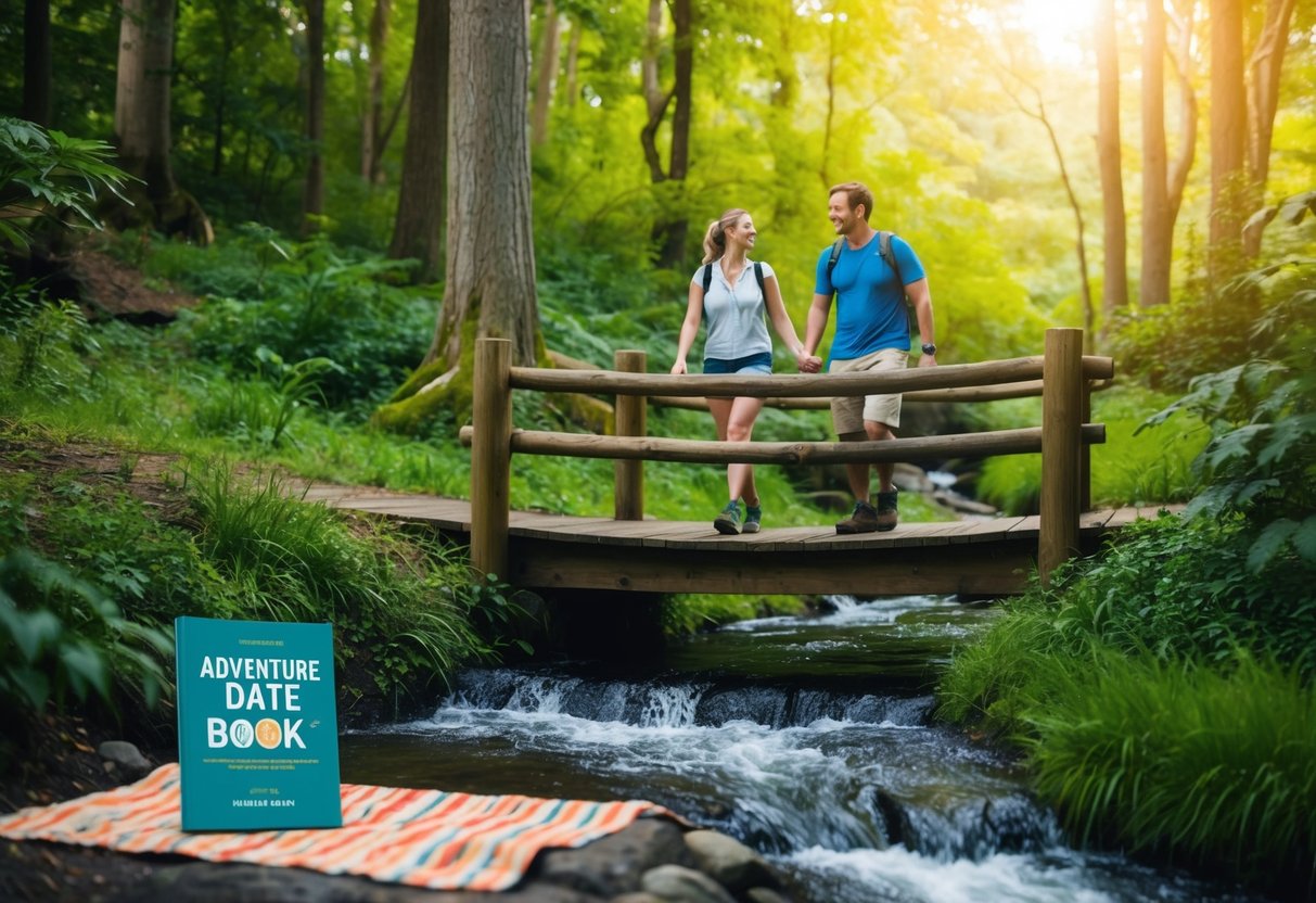 A couple hiking through a lush forest, crossing a wooden bridge over a bubbling stream, with a picnic blanket and a book titled "Adventure Date Book" in the foreground