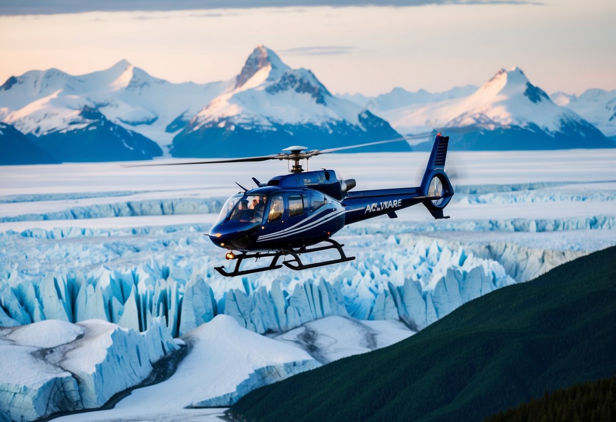 A helicopter hovers over vast glaciers, surrounded by snow-capped mountains and pristine wilderness in Anchorage, Alaska